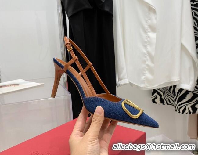 Perfect Valentino VLogo Denim Slingback Pumps 8cm Blue 052471