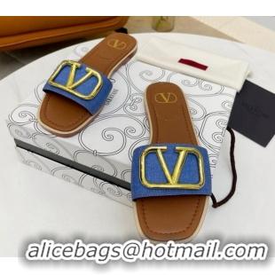 Good Quality Valentino VLogo Denim Flat Slide Sandals Blue 052452