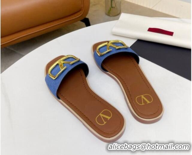 Good Quality Valentino VLogo Denim Flat Slide Sandals Blue 052452