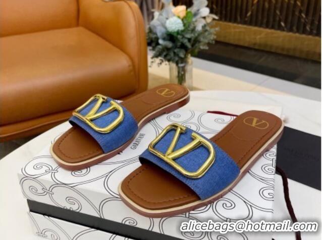 Good Quality Valentino VLogo Denim Flat Slide Sandals Blue 052452