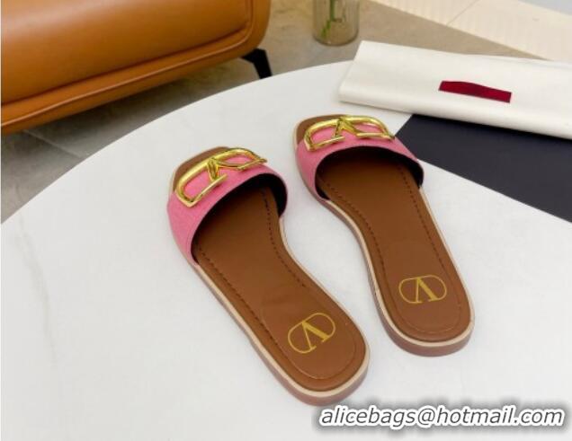 Grade Quality Valentino VLogo Denim Flat Slide Sandals Pink 052453