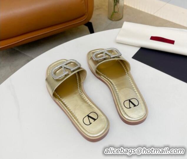 Stylish Valentino VLogo Leather Flat Slide Sandals Gold 052454