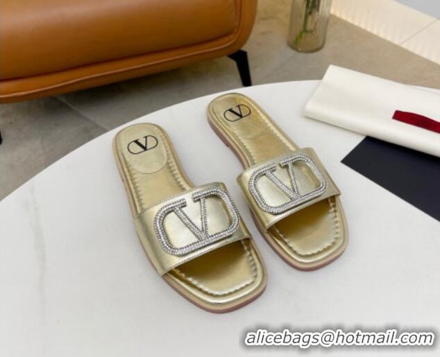 Stylish Valentino VLogo Leather Flat Slide Sandals Gold 052454