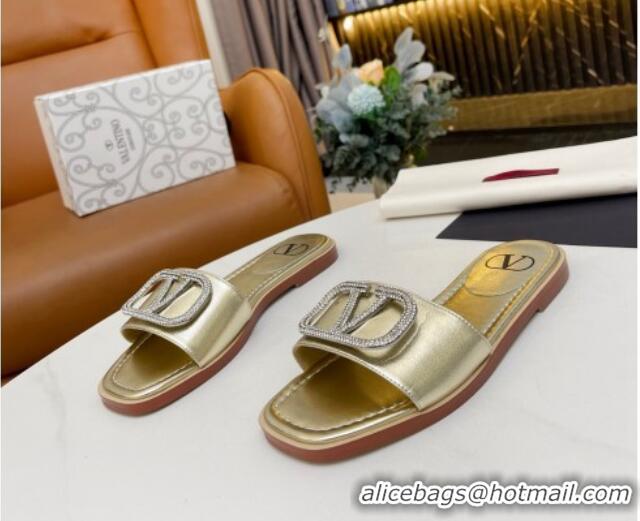 Stylish Valentino VLogo Leather Flat Slide Sandals Gold 052454