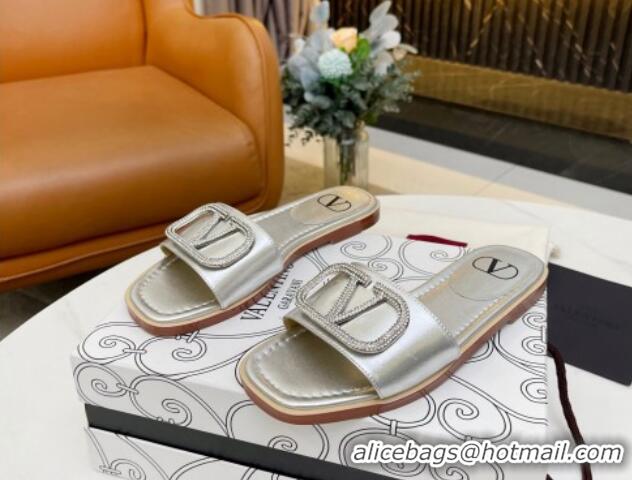 Durable Valentino VLogo Leather Flat Slide Sandals Silver 052455