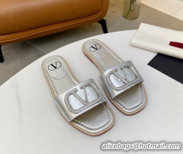 Durable Valentino VLogo Leather Flat Slide Sandals Silver 052455