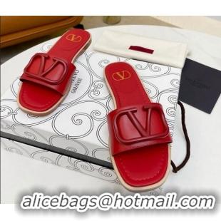 Leisure Valentino VLogo Leather Flat Slide Sandals Red 052456