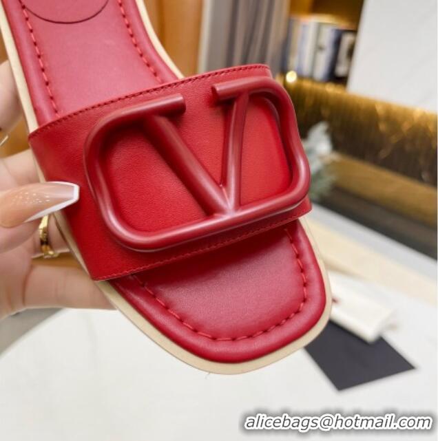 Leisure Valentino VLogo Leather Flat Slide Sandals Red 052456