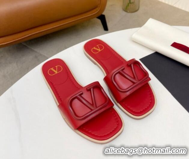 Leisure Valentino VLogo Leather Flat Slide Sandals Red 052456