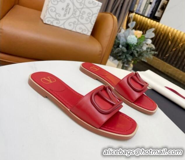 Leisure Valentino VLogo Leather Flat Slide Sandals Red 052456