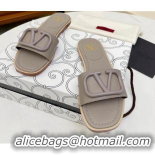 Modern Valentino VLogo Leather Flat Slide Sandals Grey 052457