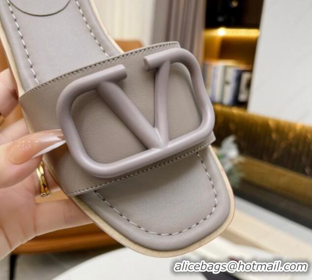 Modern Valentino VLogo Leather Flat Slide Sandals Grey 052457