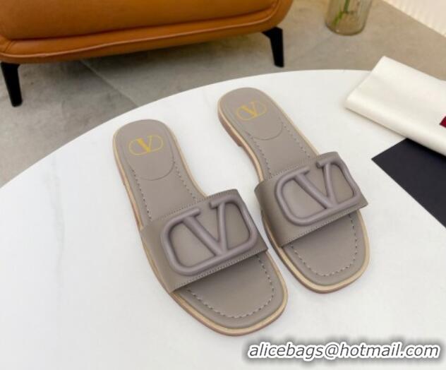 Modern Valentino VLogo Leather Flat Slide Sandals Grey 052457