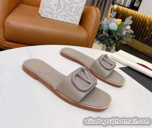 Modern Valentino VLogo Leather Flat Slide Sandals Grey 052457