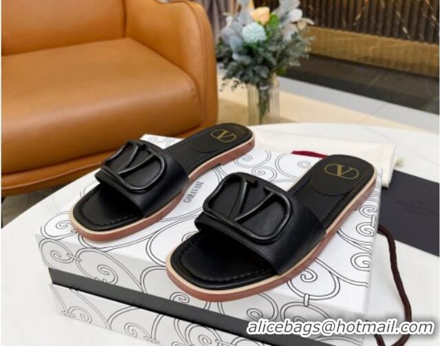 Good Product Valentino VLogo Leather Flat Slide Sandals Black 052458