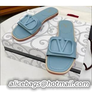 Sumptuous Valentino VLogo Leather Flat Slide Sandals Light Blue 052459