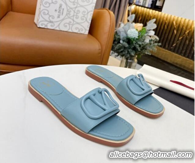 Sumptuous Valentino VLogo Leather Flat Slide Sandals Light Blue 052459