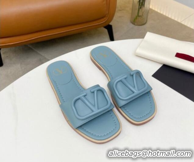 Sumptuous Valentino VLogo Leather Flat Slide Sandals Light Blue 052459