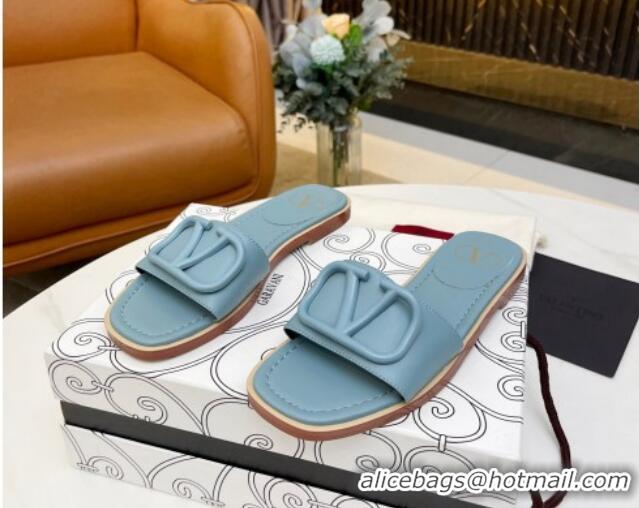 Sumptuous Valentino VLogo Leather Flat Slide Sandals Light Blue 052459