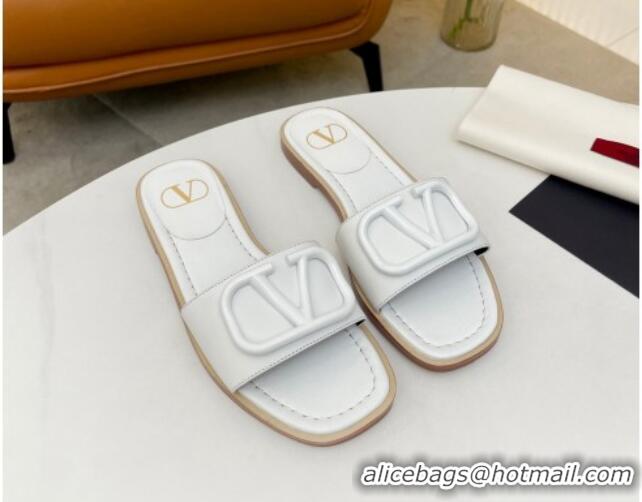 Best Product Valentino VLogo Leather Flat Slide Sandals White 052460