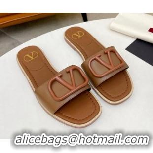 Popular Style Valentino VLogo Leather Flat Slide Sandals Brown 052461