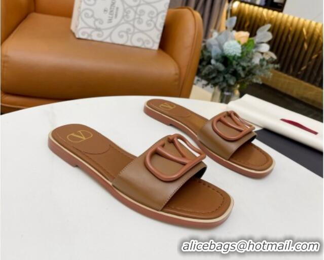 Popular Style Valentino VLogo Leather Flat Slide Sandals Brown 052461