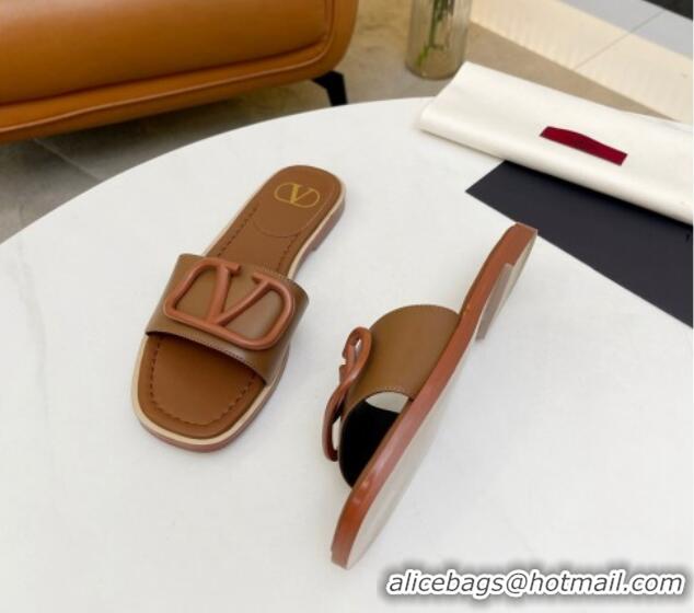 Popular Style Valentino VLogo Leather Flat Slide Sandals Brown 052461