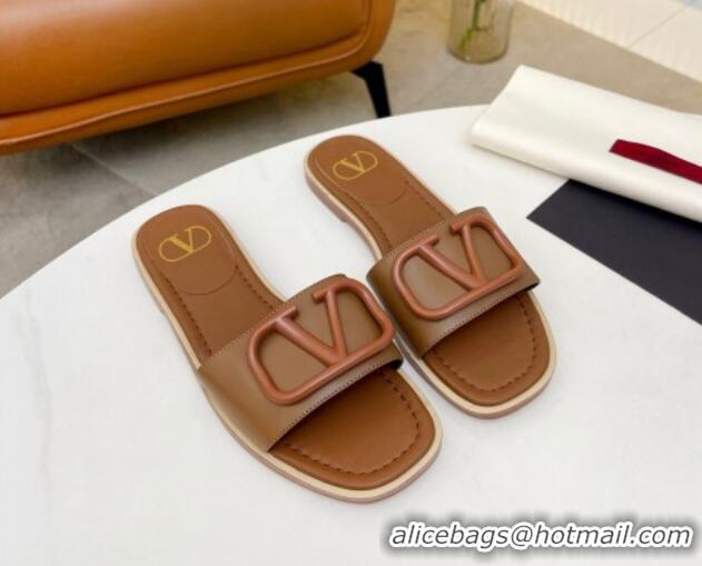 Popular Style Valentino VLogo Leather Flat Slide Sandals Brown 052461