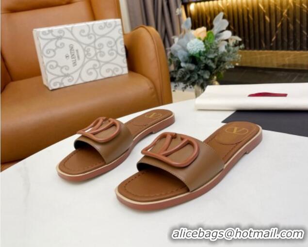 Popular Style Valentino VLogo Leather Flat Slide Sandals Brown 052461