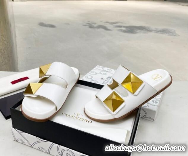 Good Looking Valentino One Stud Calfskin Strap Flat Slide Sandals White 052464