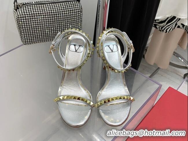 Pretty Style Valentino Rockstud Calfskin High Heel Sandals 10cm Silver 052468