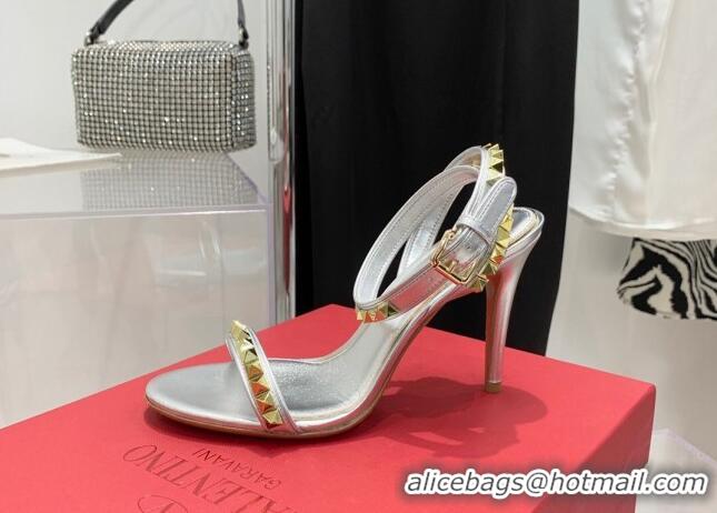 Pretty Style Valentino Rockstud Calfskin High Heel Sandals 10cm Silver 052468