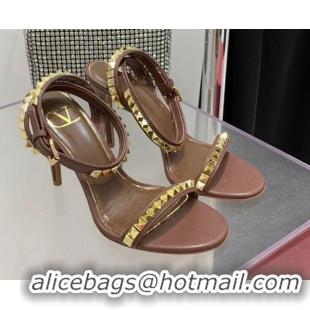 Unique Style Valentino Rockstud Calfskin High Heel Sandals 10cm Brown 052470