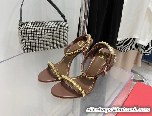 Unique Style Valentino Rockstud Calfskin High Heel Sandals 10cm Brown 052470