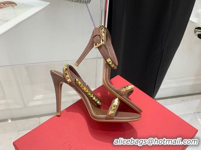 Unique Style Valentino Rockstud Calfskin High Heel Sandals 10cm Brown 052470