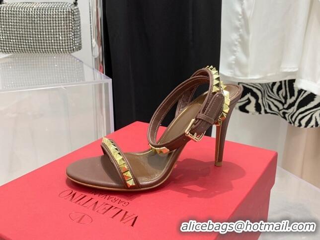 Unique Style Valentino Rockstud Calfskin High Heel Sandals 10cm Brown 052470