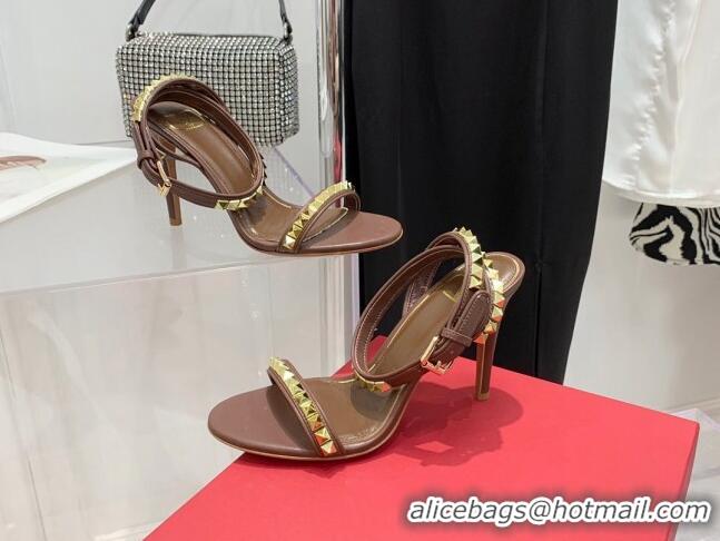 Unique Style Valentino Rockstud Calfskin High Heel Sandals 10cm Brown 052470