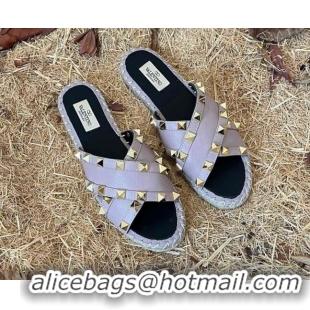 Good Quality Valentino Grained Calfskin Rockstud Cross Flat Slide Sandals Purple 052474