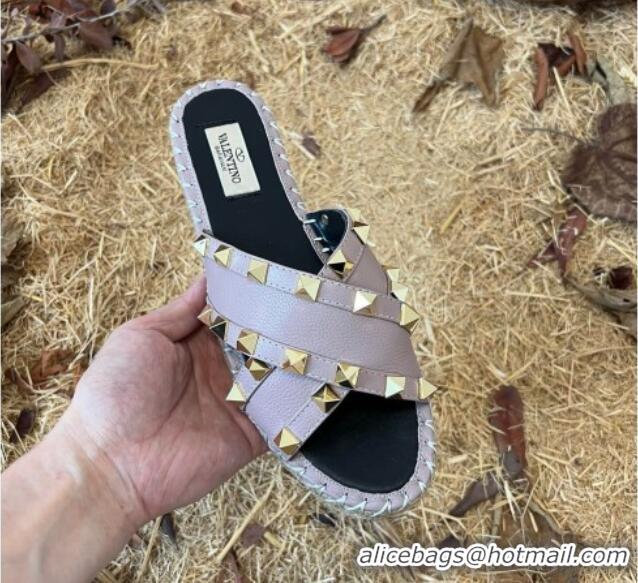 Good Quality Valentino Grained Calfskin Rockstud Cross Flat Slide Sandals Purple 052474