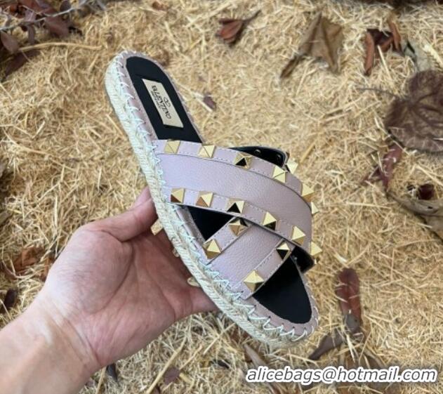 Good Quality Valentino Grained Calfskin Rockstud Cross Flat Slide Sandals Purple 052474