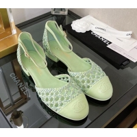 Top Design Chanel Braided Lambskin & Fabric Mary Janes Open Shoes G38764 Green