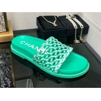 Pretty Style Chanel Braided Lambskin & Fabric Flat Slide Sandals Green 0525118