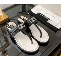 Good Quality Chanel Lambskin Crystal CC Flat Thong Sandal Black 525129