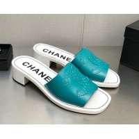 Stylish Chanel CC Leather Mid-Heel Slide Sandals 4.5cm Blue 2052602