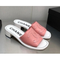 Duplicate Chanel CC Leather Mid-Heel Slide Sandals 4.5cm Pink 2052604