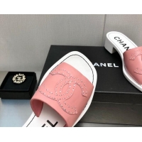 Duplicate Chanel CC Leather Mid-Heel Slide Sandals 4.5cm Pink 2052604