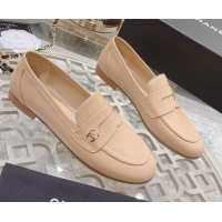 Stylish Chanel Calf Leather Flat Loafers Nude 060116