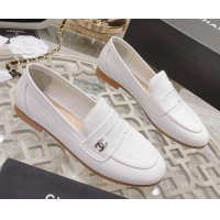 Good Looking Chanel Calf Leather Flat Loafers White 060117