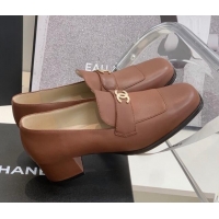 Stylish Chanel Leather Heel Loafers Brown 060119