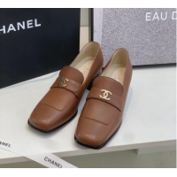 Stylish Chanel Leather Heel Loafers Brown 060119